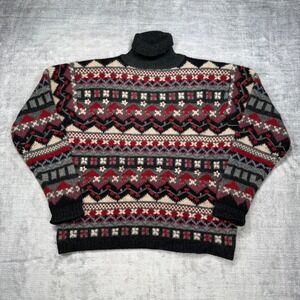 Point Zero Sweater Womens XL Black Red Nordic Ski Knit Wool Fair Isle Turtleneck